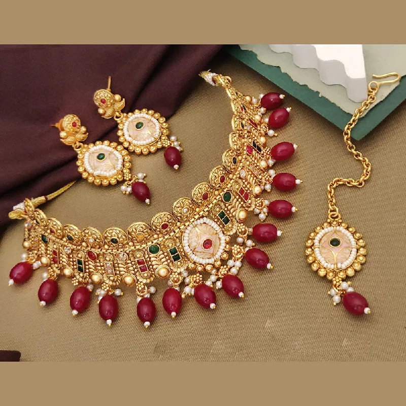 Fashionable Crystal Necklace-Akruti Collection Gold Plated Pota Stone And Pearls Meenakari Choker Necklace Set