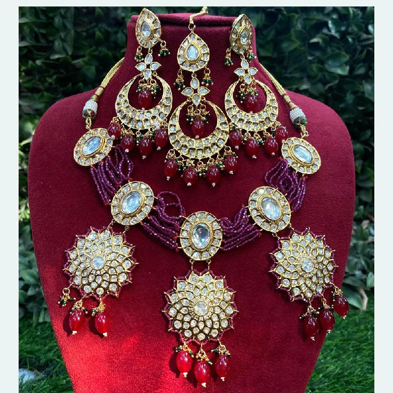 Diamond and Pearl Necklace-Royal Kundan Jewellery Gold Plated Polki Kundan Stone Beads Necklace Set