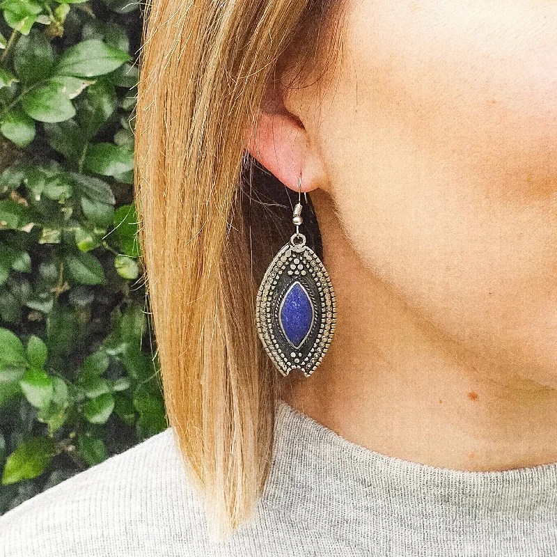 Large Silver Hoop Earrings-Tribal Drop Earrings - Lapis Stone