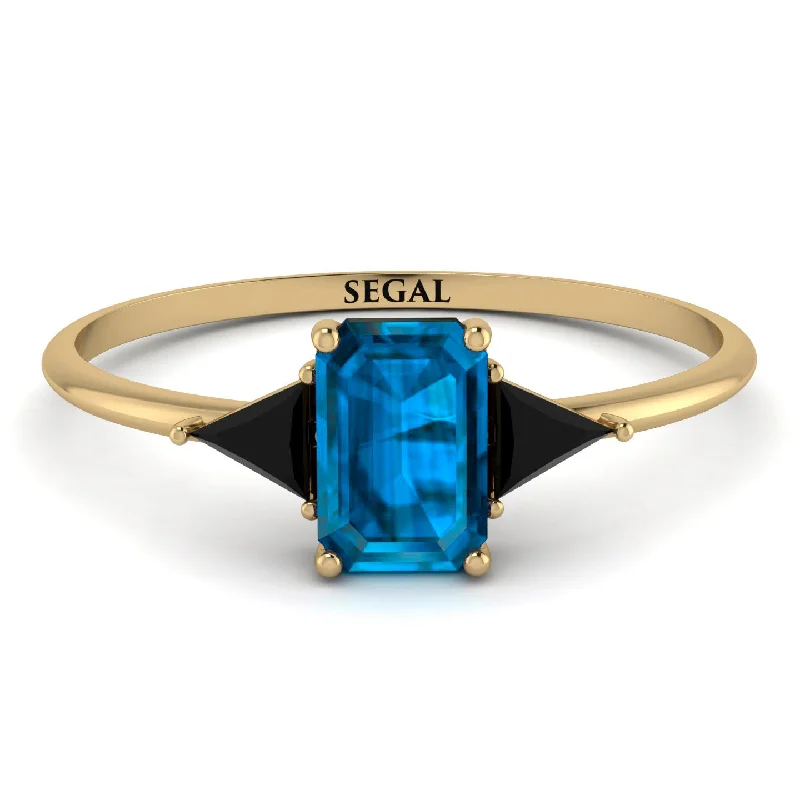 Elegant Gold Signet Ring-Emerald Cut Blue Topaz With Triangles Ring - Remi No. 507