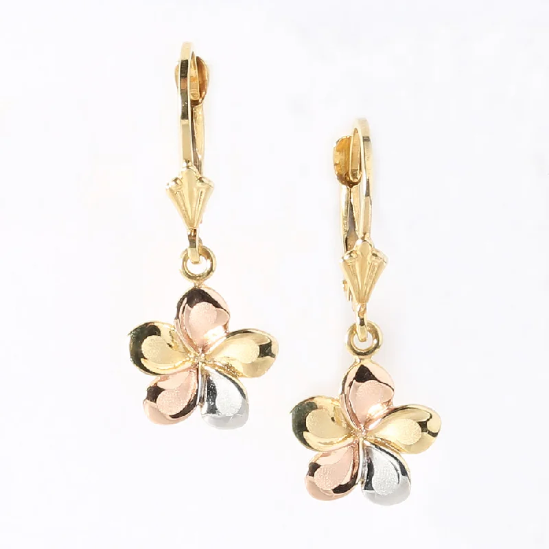 Classic Round Earrings-14K Tri-Color Gold Plumeria Lever Back Earrings (10.5mm-16mm)