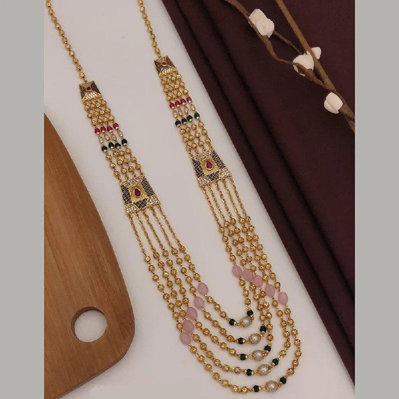 Gold Choker Necklace-SP Jewellery Gold Plated Pota Stone And Pearls Long Necklace Set