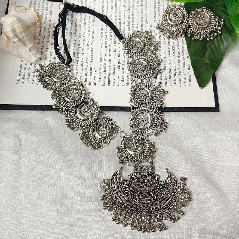 Silver Gemstone Necklace-Darshana Jewels Oxidised Plated Long Necklace Set