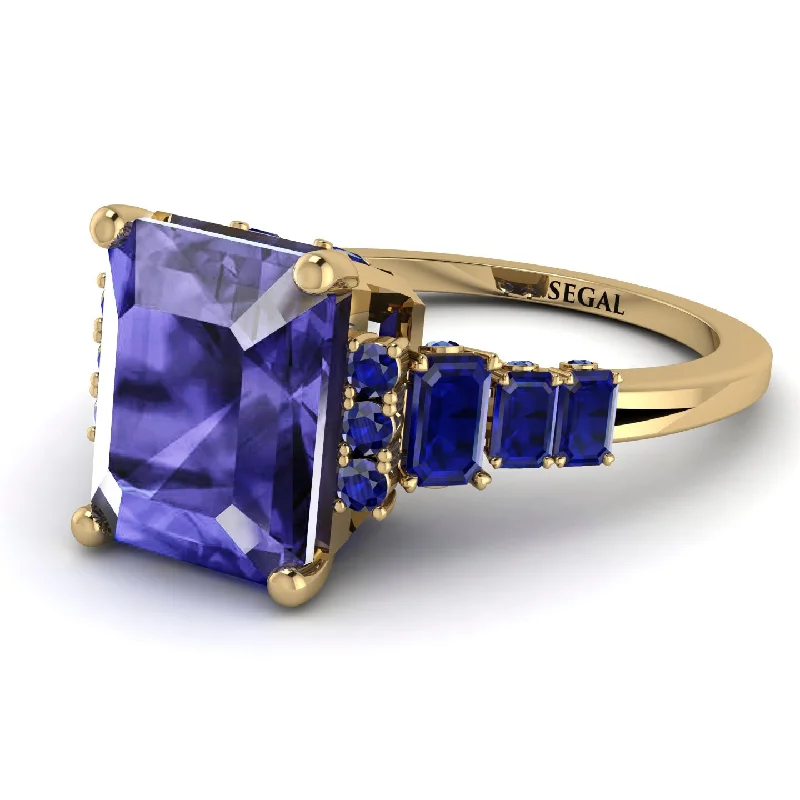 Classic Diamond Wedding Band-Emerald Cut Tanzanite Ring Hidden Round Diamonds - Sawyer No. 213