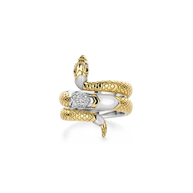 Elegant Gold Signet Ring-Ti Sento Gold Vermeil Pearl Cubic Zirconia Snake Ring