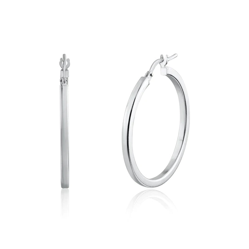 Classic Diamond Earrings-Silver 925 Rhodium Plated Silver 2mm Hoop Earrings