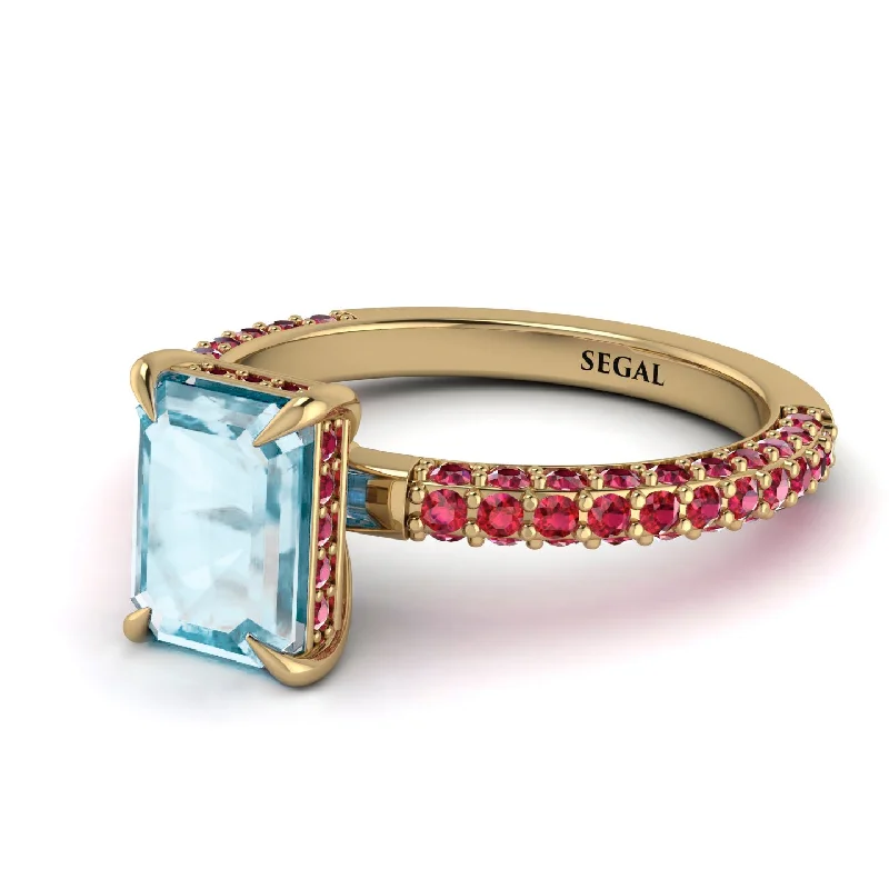 Rose Gold Stackable Ring-Hidden Halo Emerald Cut Aquamarine Engagement Ring - Ximena No. 410