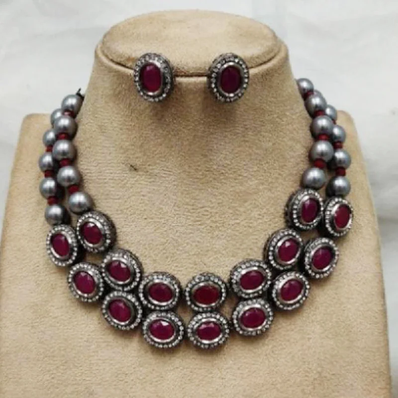 Rose Gold Pendant Necklace-Royal Kundan Jewellery Oxidised Plated Pota Stone Choker Necklace Set