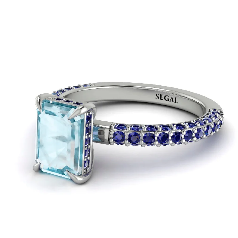 Adjustable Gold Ring-Hidden Halo Emerald Cut Aquamarine Engagement Ring - Ximena No. 415