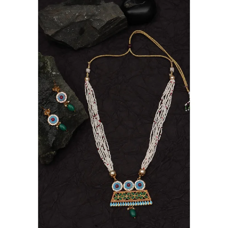 Vintage Pearl Necklace-Darshana Jewels Gold Plated Meenakari And Pota Srone  Long Necklace Set