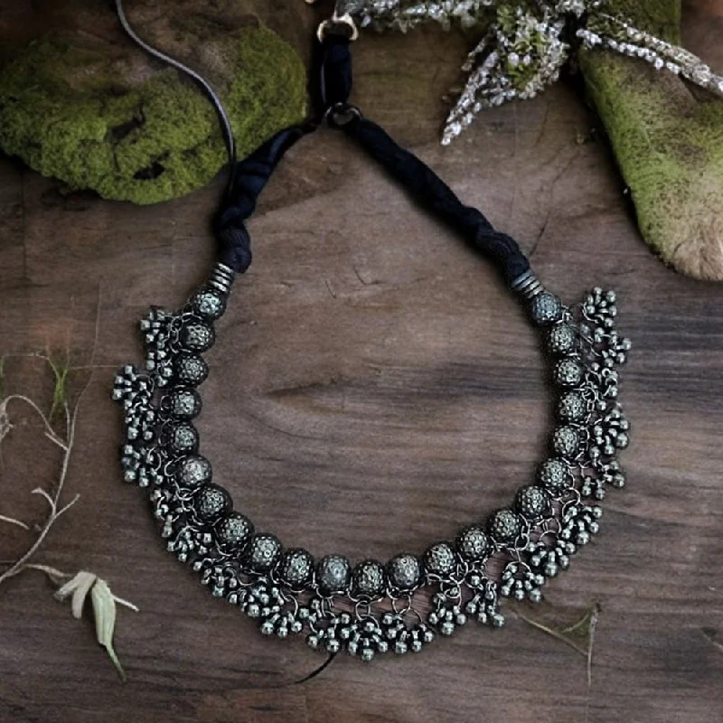 Double Pendant Necklace-Bevy Pearls Oxidised Plated Necklace Set