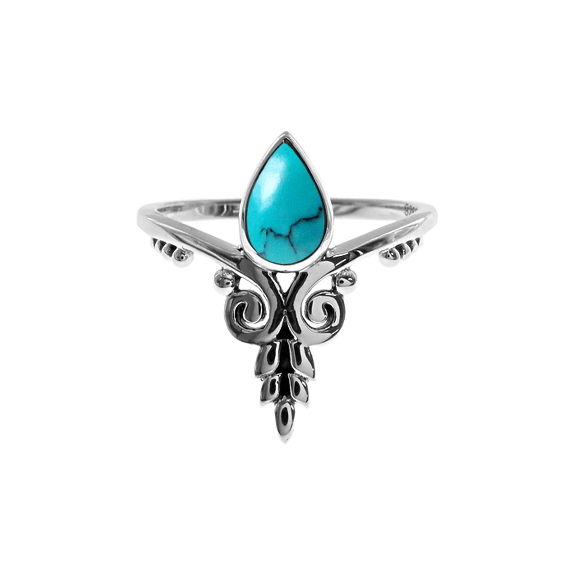 Fine Diamond Ring-Sterling Silver Turquoise Teardrop Floral Chevron Ring