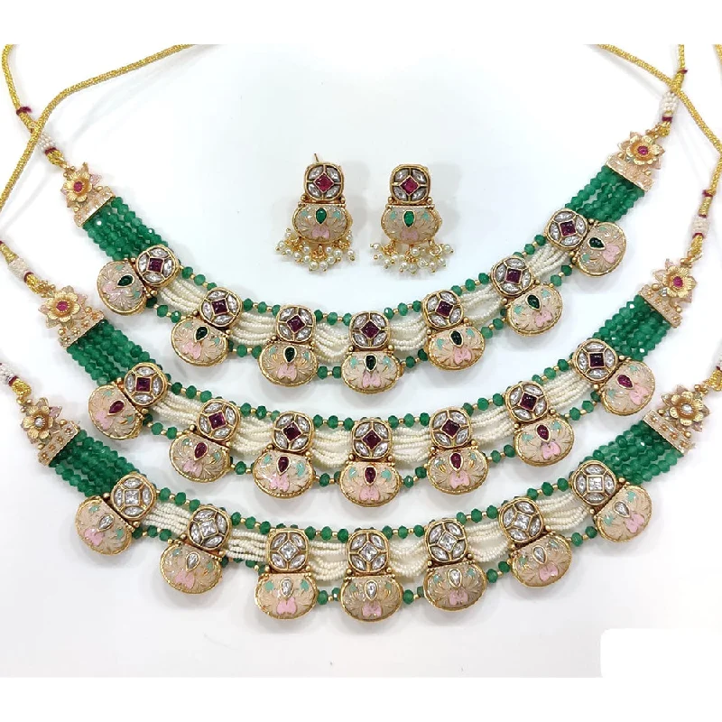 Opal Necklace-JCM Gold Plated Kundan Stone And Pearls Necklace Set