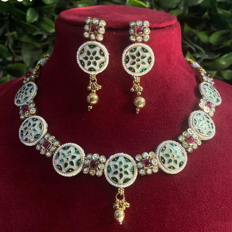 Adjustable Chain Necklace-Royal Kundan Jewellery Gold Plated Pota Stone And Meenakari Necklace Set