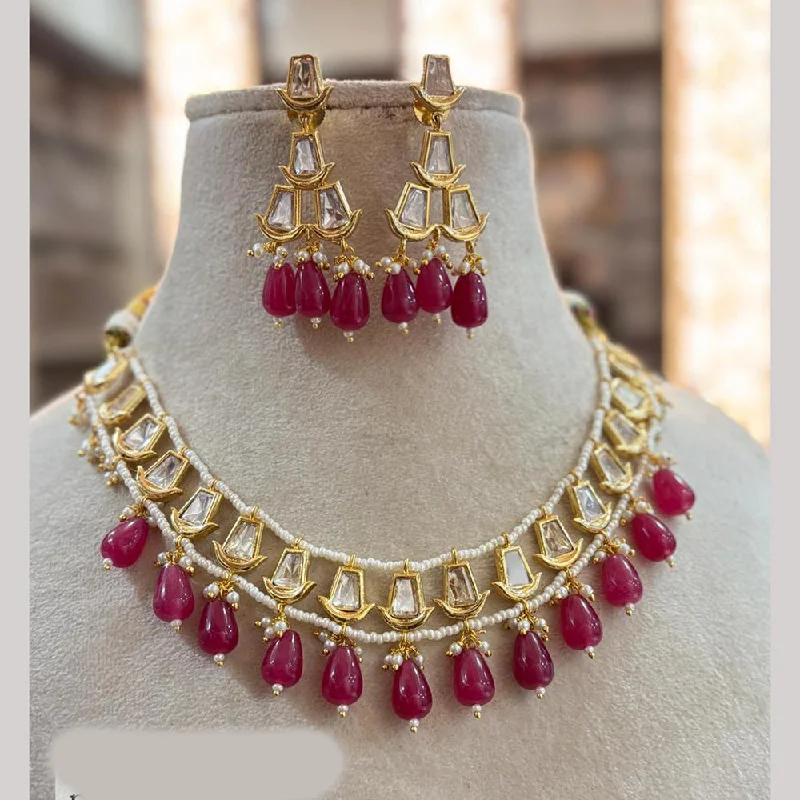 Silver and Pearl Necklace-Jewel Addiction Copper Gold Plated Polki Kundan Stone Beads Necklace Set