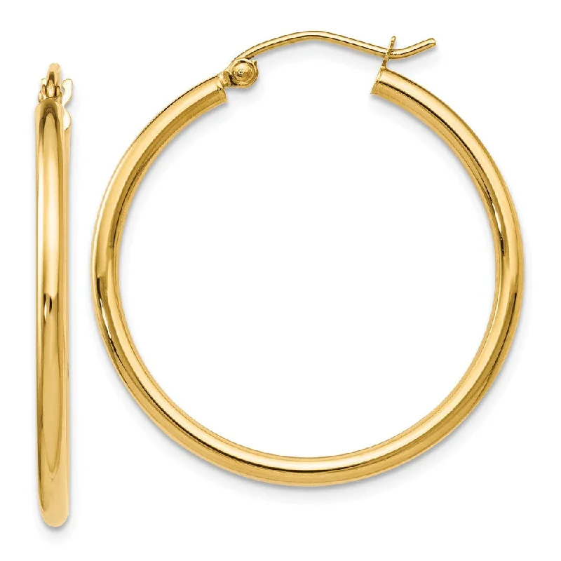 Bridal Pearl Earrings-2mm Round Hoop Earrings in 14k Yellow Gold, 30mm (1 3/16 Inch)