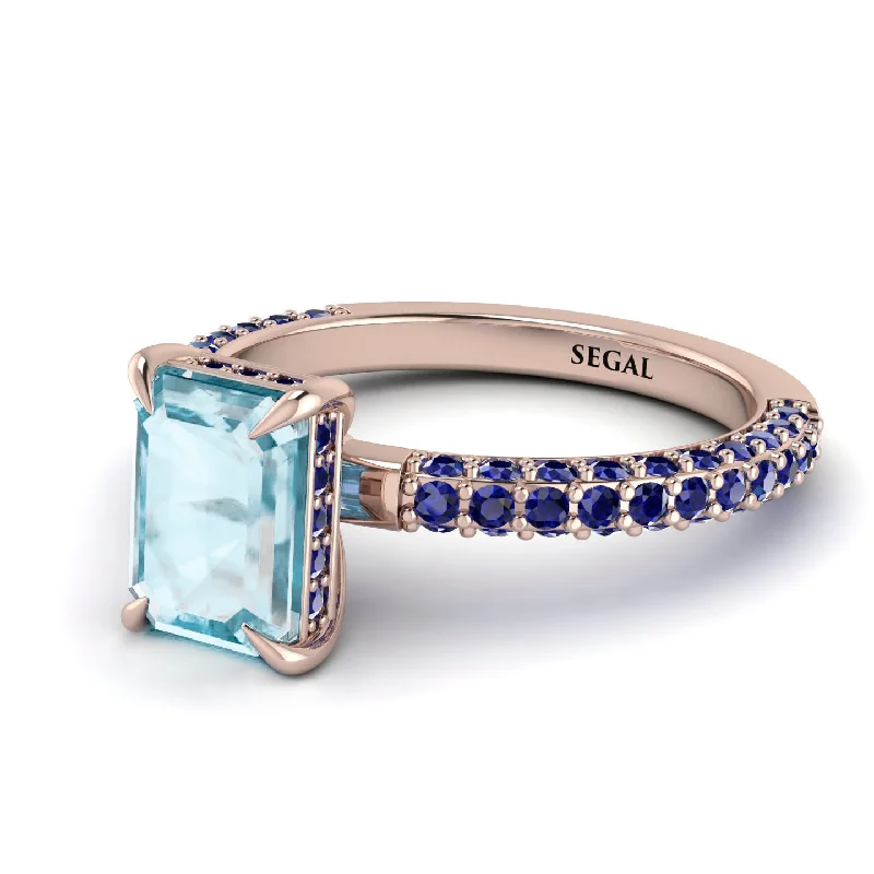 Romantic Heart Ring-Hidden Halo Emerald Cut Aquamarine Engagement Ring - Ximena No. 414