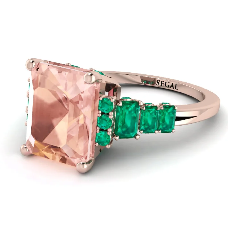 Custom Engagement Ring Set-Emerald Cut Morganite Ring Hidden Round Diamonds - Sawyer No. 905