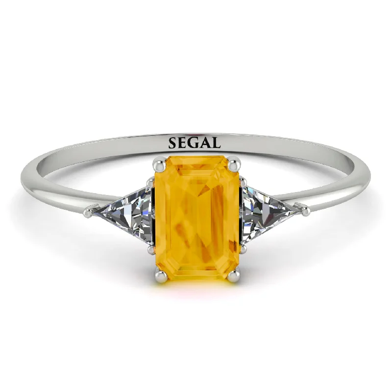 Luxurious Wedding Ring-Emerald Cut Citrine With Triangles Ring - Remi No. 603