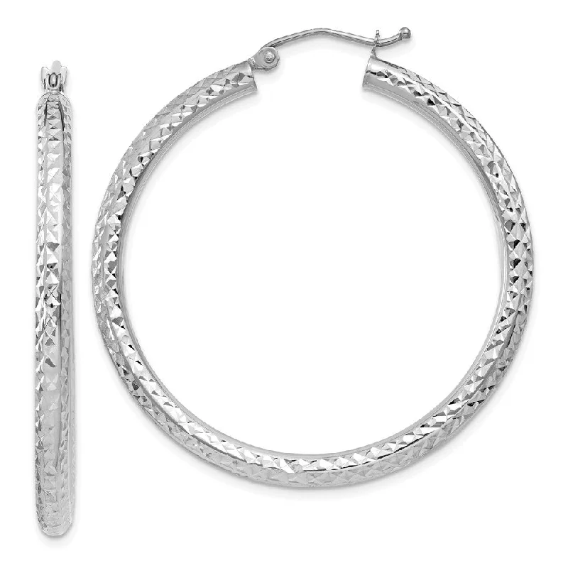 Chunky Hoop Earrings-3mm, 14k White Gold Diamond-cut Hoops, 40mm (1 1/2 Inch)