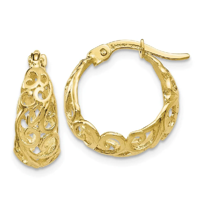 Beautiful Diamond Earrings-Tapered Scroll Hoop Earrings in 10k Yellow Gold, 16mm (5/8 Inch)