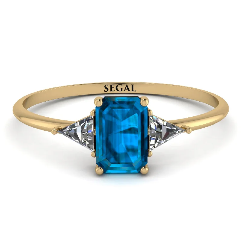 Custom Diamond Wedding Ring-Emerald Cut Blue Topaz With Triangles Ring - Remi No. 501