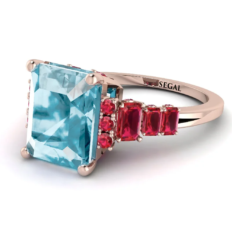 Vintage Rose Gold Ring-Emerald Cut Aquamarine Ring Hidden Round Diamonds - Sawyer No. 411