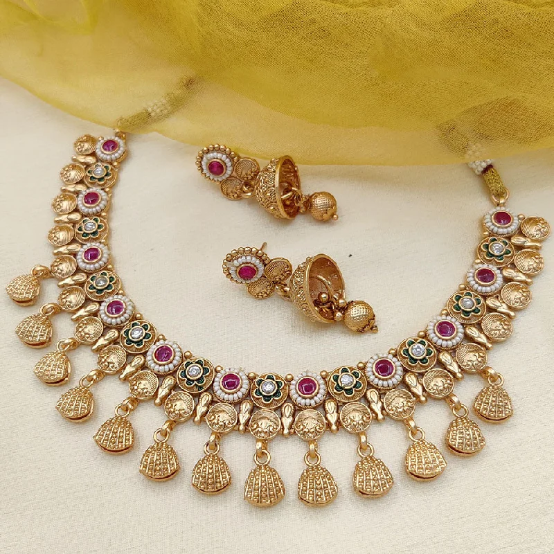 Pearl and Gold Necklace-Jewel Addiction Copper Rajwadi Finish Pota Stone Necklace Set