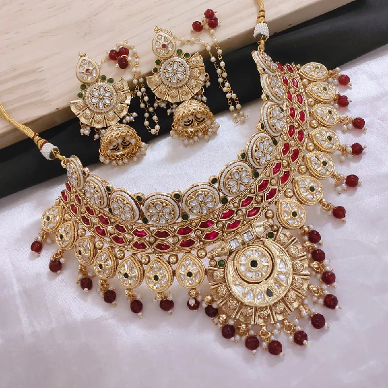 Dainty Chain Necklace-Akruti Collection Gold Plated Kundan Stone And Beads Choker Necklace Set