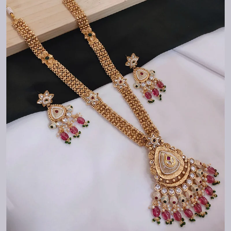 Modern Silver Necklace-Akruti Collection Gold Plated Kundan Stone And Pearls Meenakari Long Necklace Set