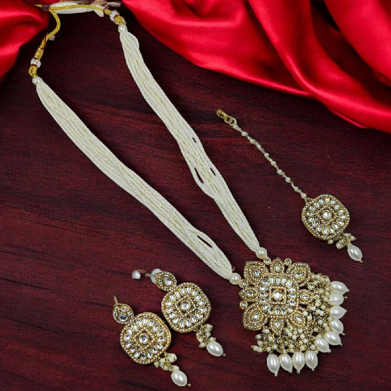 Statement Chunky Necklace-Gehana Mahal Gold Plated Kundan Stone And Pearls Long Necklace Set