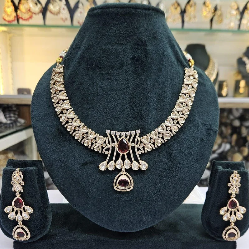 Luxury Diamond Necklace-JCM Gold Plated Polki Kundan Stone Necklace Set