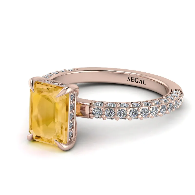 Solitaire Gemstone Ring-Hidden Halo Emerald Cut Citrine Engagement Ring - Ximena No. 602