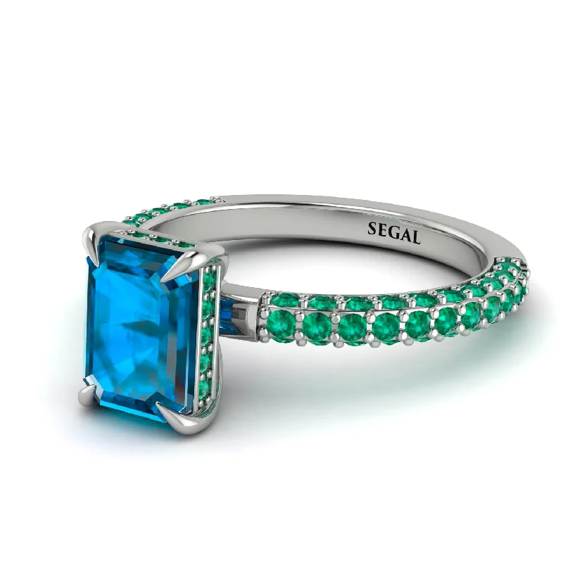 Designer Diamond Ring-Hidden Halo Emerald Cut Blue Topaz Engagement Ring - Ximena No. 506