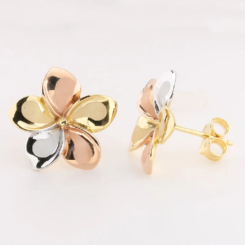 Minimalist Gold Earrings-14K Tri-Color Gold Plumeria Post Earrings (6.5-15.5mm)