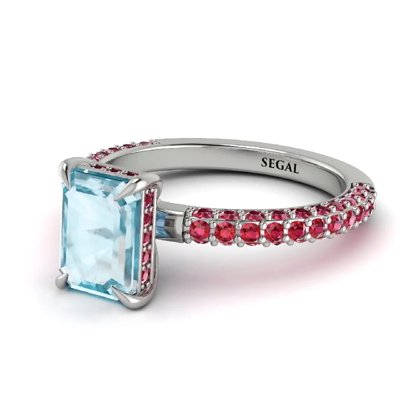 Statement Gemstone Ring-Hidden Halo Emerald Cut Aquamarine Engagement Ring - Ximena No. 412