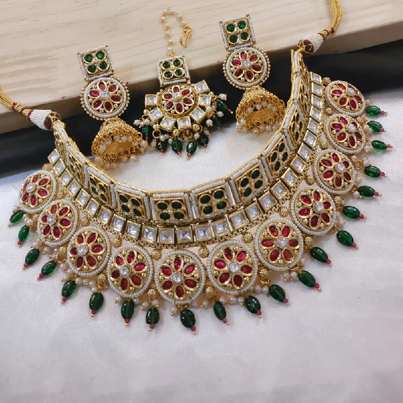 Rose Gold Layered Necklace-Akruti Collection Gold Plated Kundan Stone And Beads Choker Necklace Set