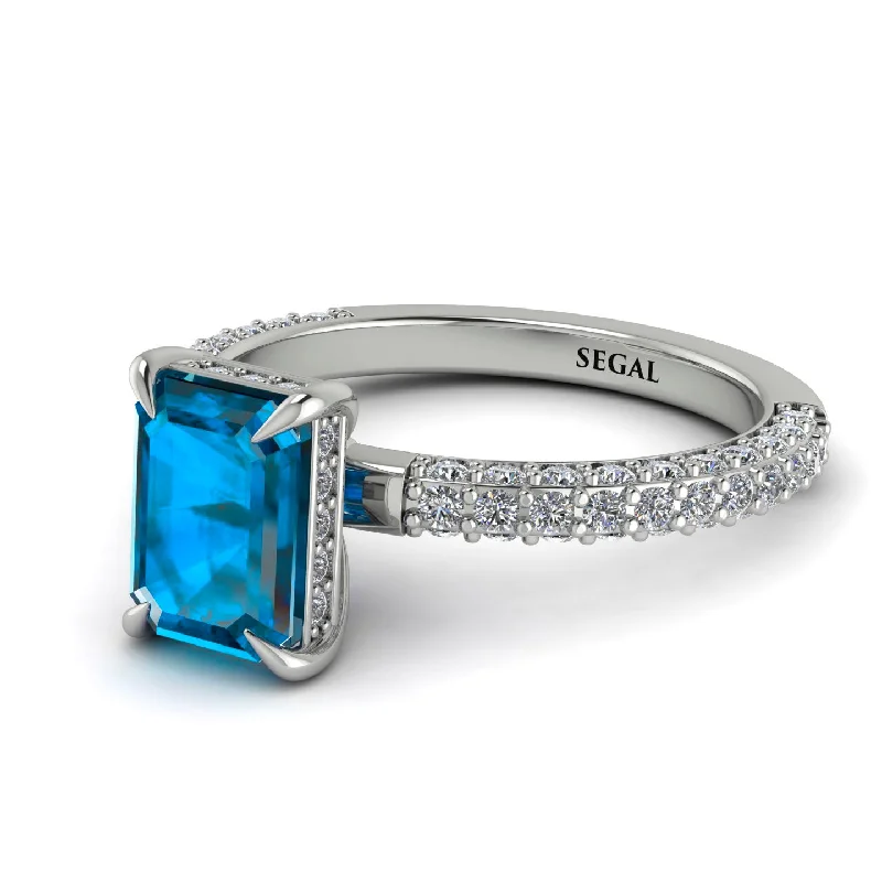 Personalized Wedding Ring-Hidden Halo Emerald Cut Blue Topaz Engagement Ring - Ximena No. 503