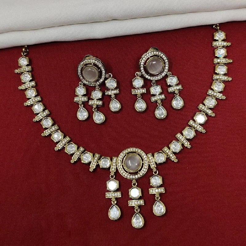 Luxury Gold Necklace-JCM Gold Plated Polki Kundan Stone Necklace Set