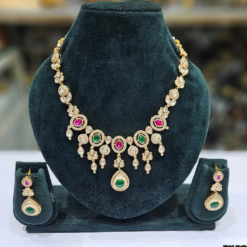 Art Nouveau Necklace-JCM Gold Plated Polki Kundan Stone Necklace Set