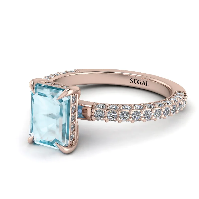 Multi-Stone Engagement Ring-Hidden Halo Emerald Cut Aquamarine Engagement Ring - Ximena No. 402