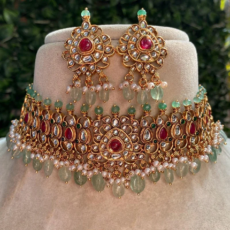 Simple Gold Necklace-Amoliya Jewels Gold Plated Kundan Stone And Pearls Choker Necklace Set