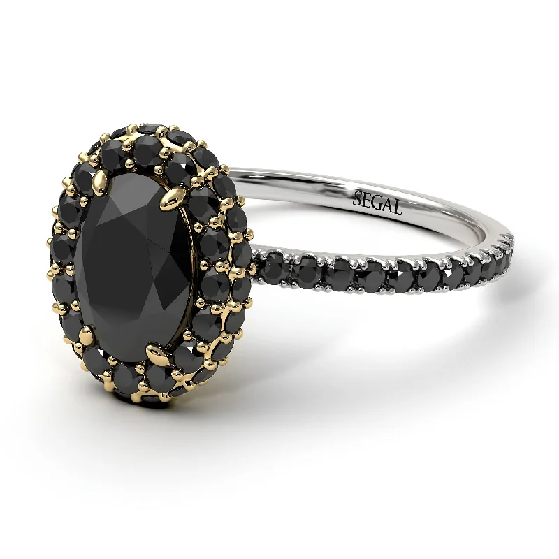 Classic Gold Band Ring-Two Tones Oval Black Diamond Halo Hidden Diamonds Ring - Amy No. 80