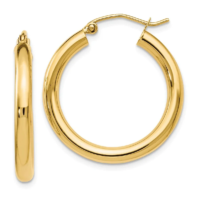 Pearl Hoop Earrings-3mm Round Hoop Earrings in 14k Yellow Gold, 26mm (1 Inch)