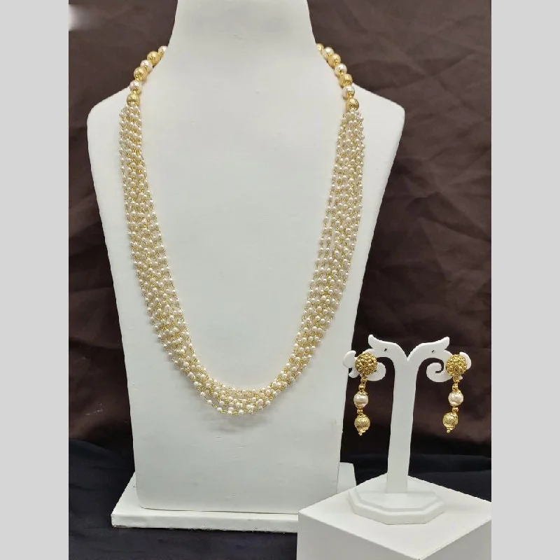 Fashionable Multi-Chain Necklace-Royal Kundan Jewellery Gold Plated Beads And Pearls Long Necklace Set