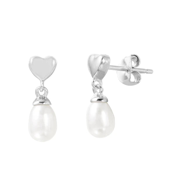 Simple Gold Hoop Earrings-Silver 925 Rhodium Plated Heart with Dangling Fresh Water Pearl Post Earrings