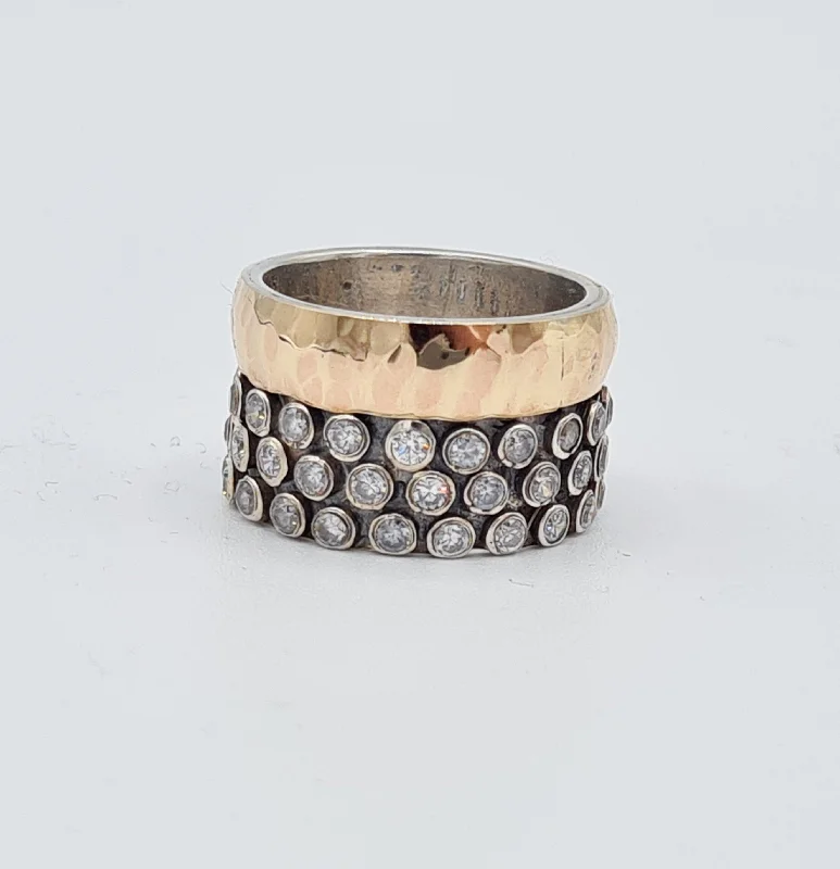 Stackable Silver Ring-Yaron Morhaim 9ct Gold and Oxidised Silver Band with Cubic Zirconia Stones