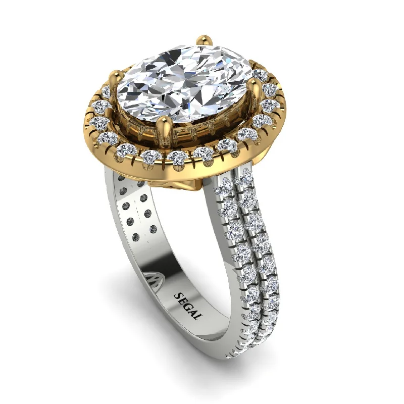 Fashionable Cocktail Ring-Two Tones Gorgeous Oval Cut Diamond Pave Double Shank Engagement Ring With Hidden Stone - Phoebe No. 77