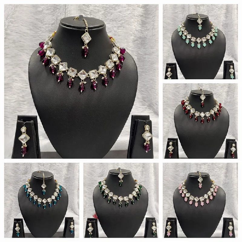 Customizable Birthstone Necklace-Naitika Arts Gold Plated Kundan Stone And Pearl Necklace Set