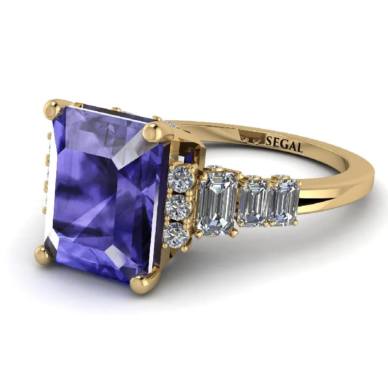 Simple Gemstone Wedding Ring-Emerald Cut Tanzanite Ring Hidden Round Diamonds - Sawyer No. 201